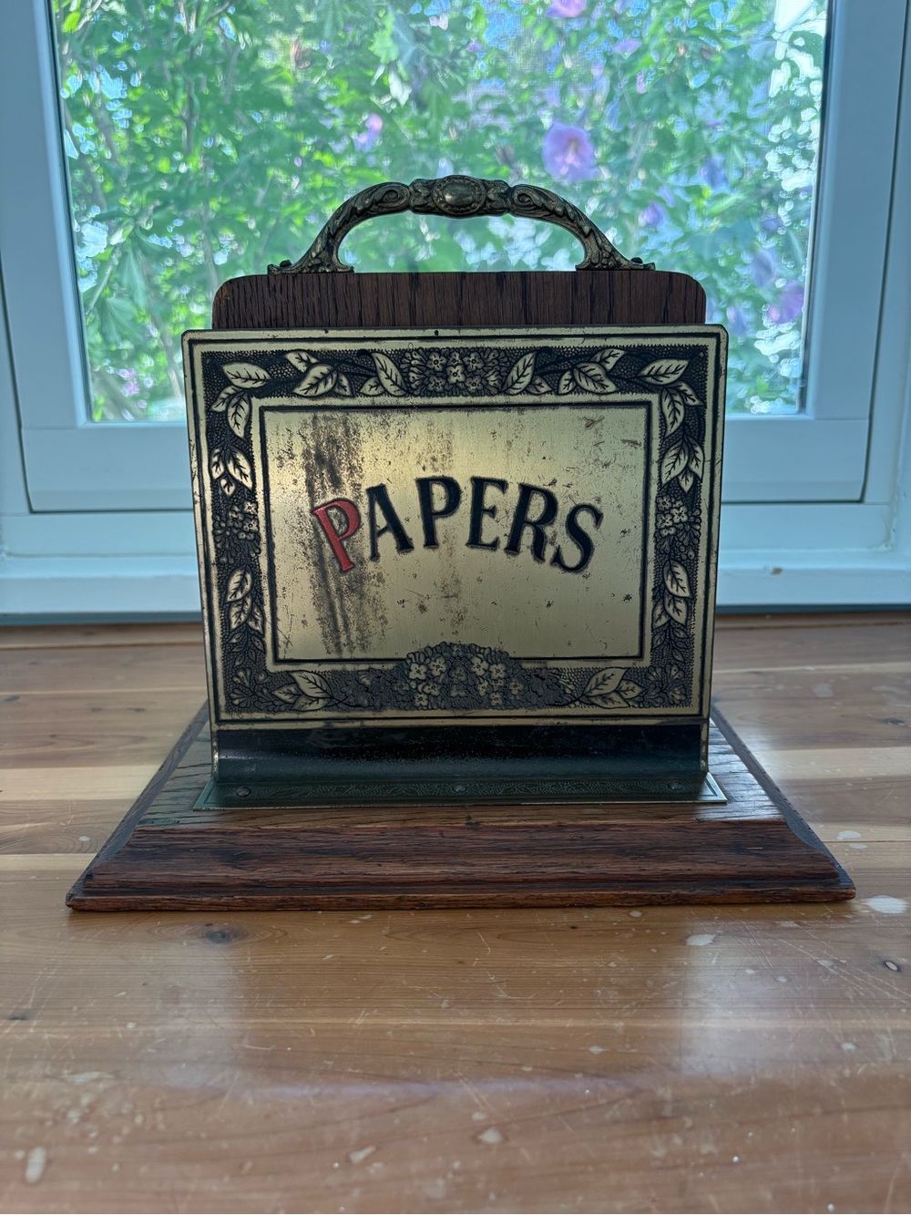 Antique Victorian Edwardian Brass and Oak Paper Desk Organizer Mail Rack - Picture 2 of 8